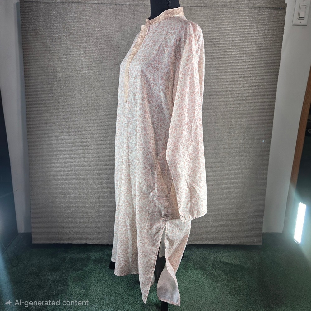 Manyavar Mens XXL 44 Cream Pink Floral Embroidered Long Sleeve Kurta SOSK688-302